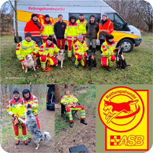 Die gesamte Rettungshundestaffel posiert vor dem Transporter der Staffel. Darunter zwei Frauen mit Hund in Einsatzkleidung und ein Mann in Einsatzkleidung der in einem Campingstuhl sitz.