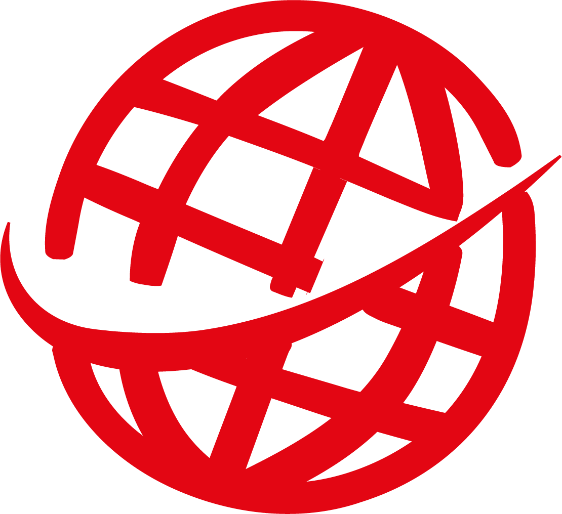 Das Icon einer Weltgugel in roter Strichform.