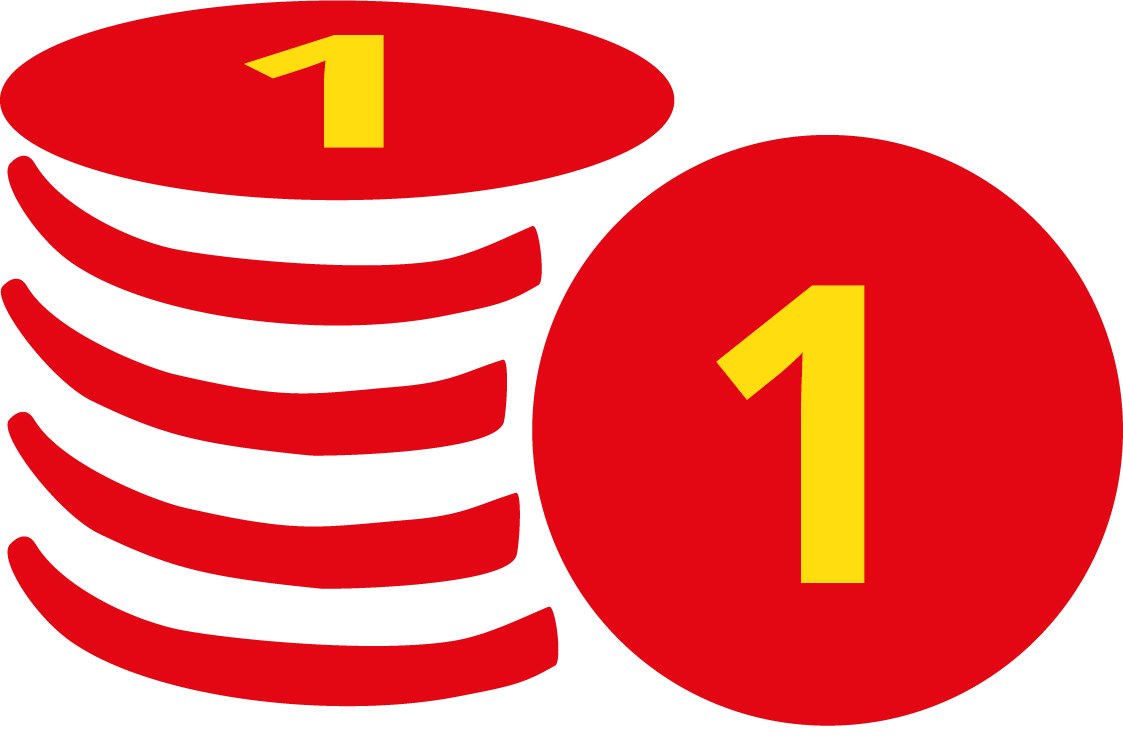 Das Icon von gestapelten M&uuml;nzen in rot, mit einer davor senkrecht stehenden M&uuml;nze mit einer gelben eins.